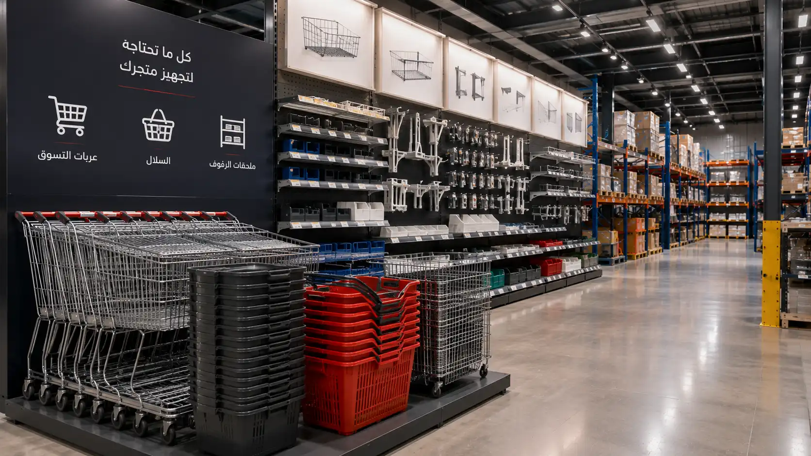 High-quality shopping carts, baskets, and shelving accessories displayed in a modern retail environment, designed to enhance the shopping experience and improve product organization.