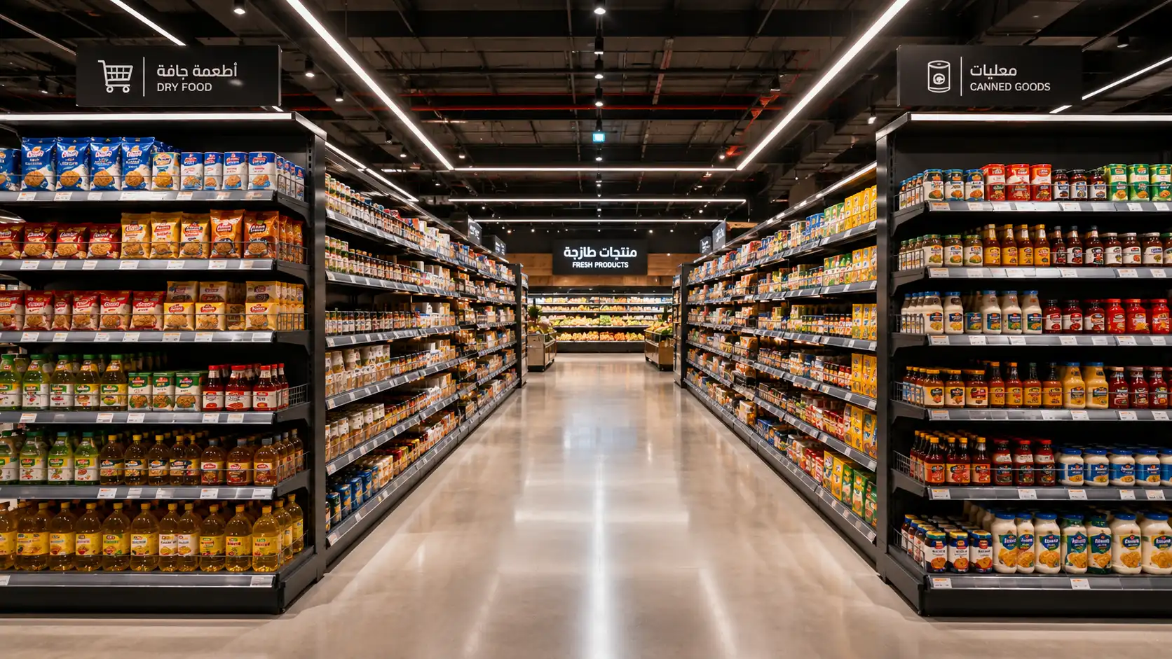 Modern supermarket aisle featuring professional display shelving with well-organized products to enhance the shopping experience and maximize retail space.