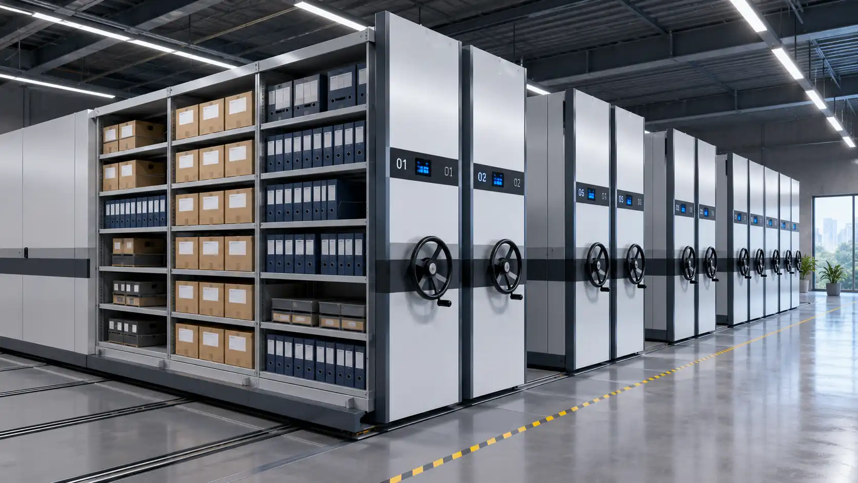 High-density mobile shelving system inside a modern warehouse, designed to maximize storage space and provide easy access to stored items.