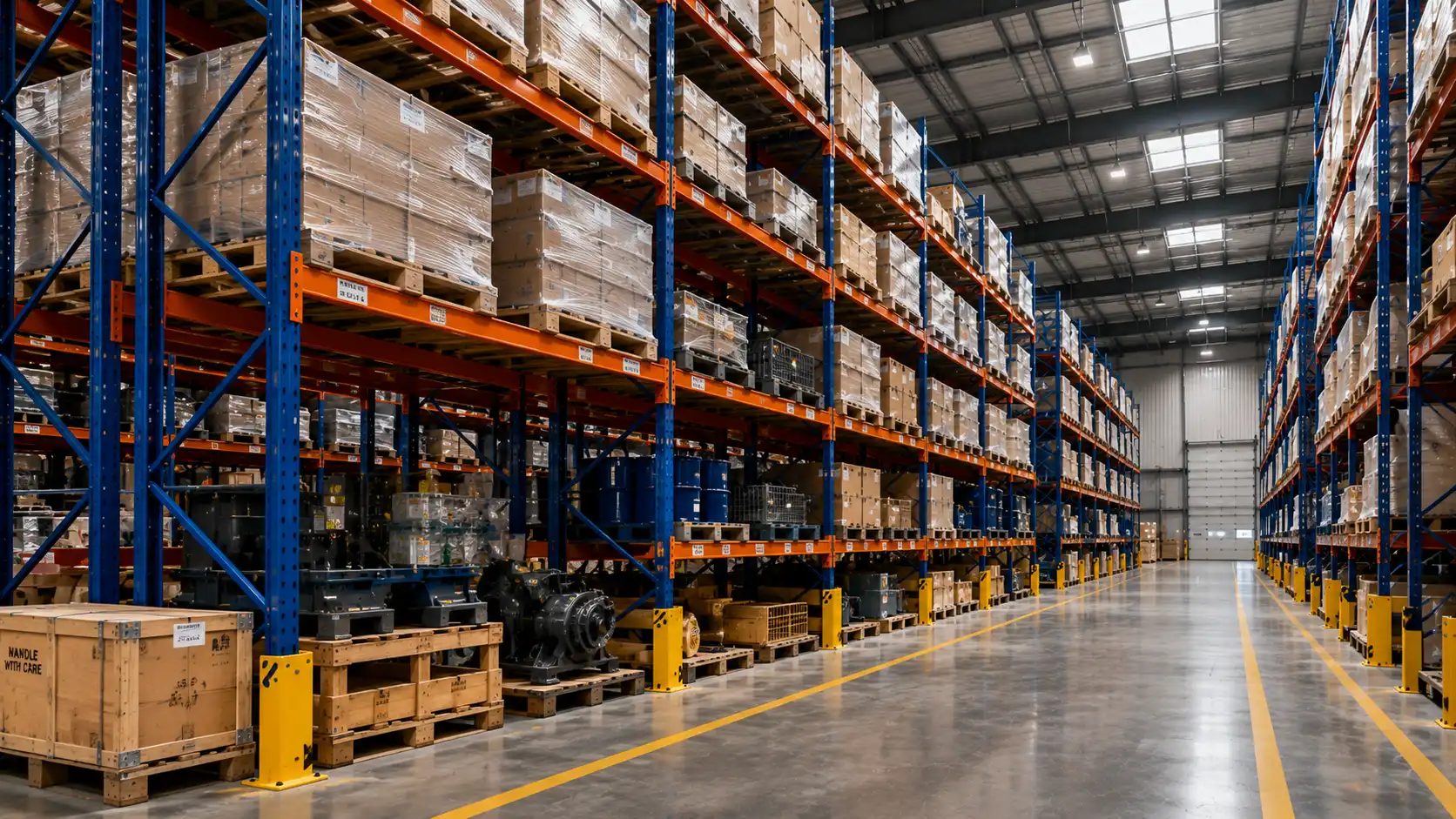 Heavy-duty storage shelving inside a modern industrial warehouse, designed for safe and efficient storage of heavy goods and equipment while maximizing available space.