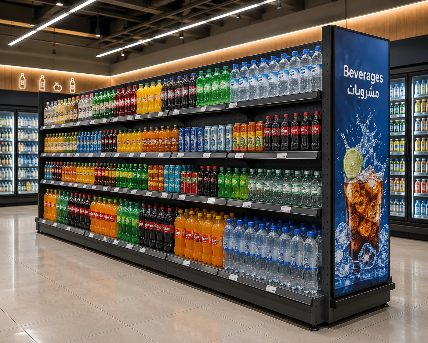 Beverage Display Shelf in Modern Supermarket