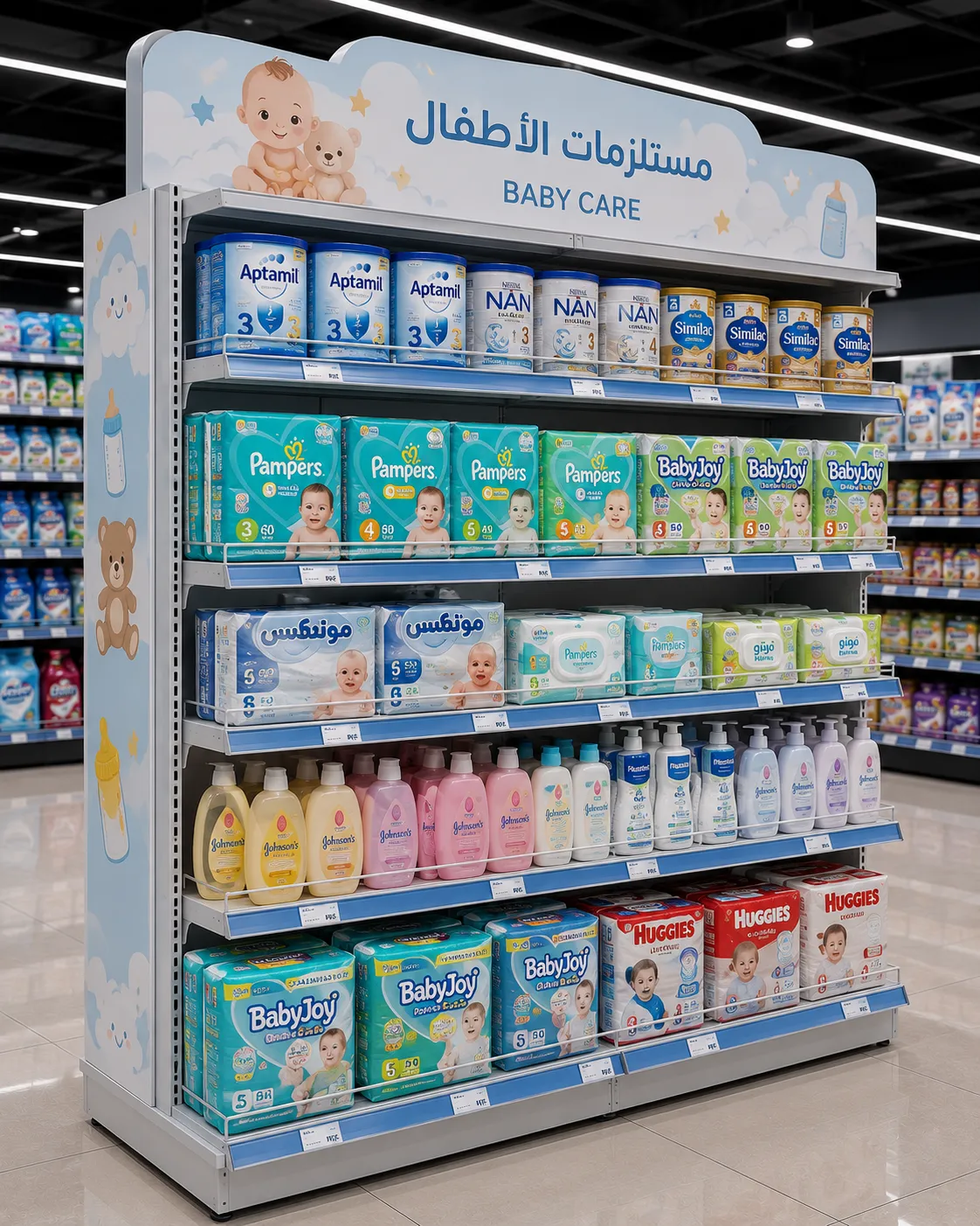 رف عرض مستلزمات الأطفال داخل سوبرماركت حديث