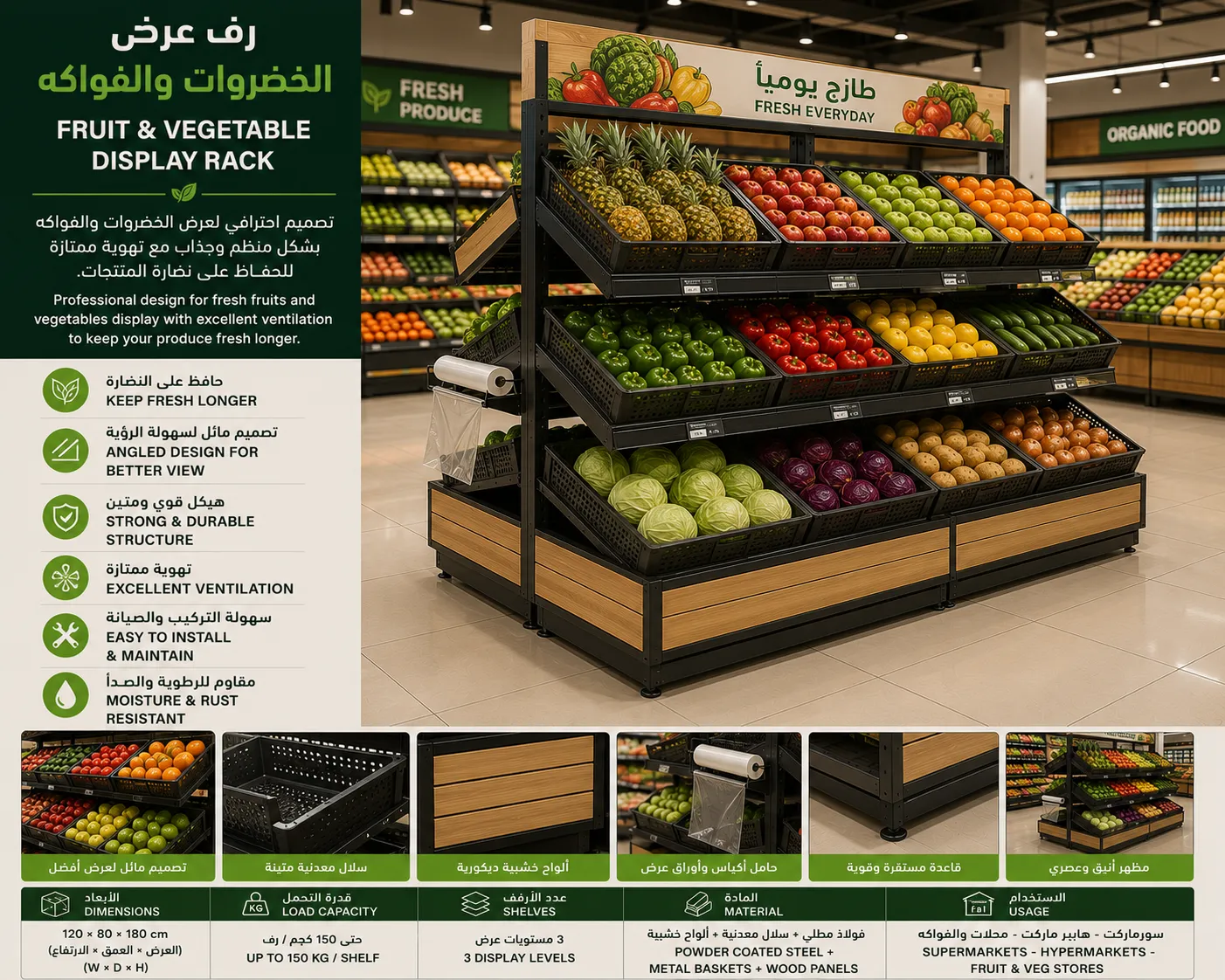 Fruit and Vegetable Display Rack in Supermarket