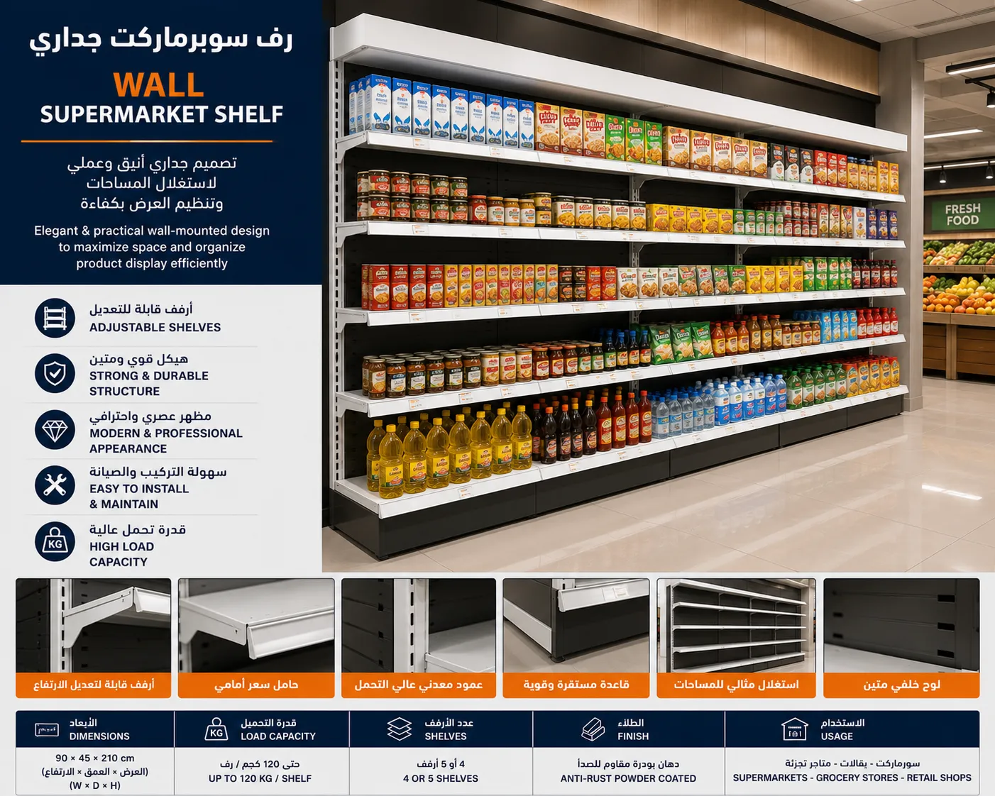 رف سوبرماركت جداري معدني داخل متجر حديث