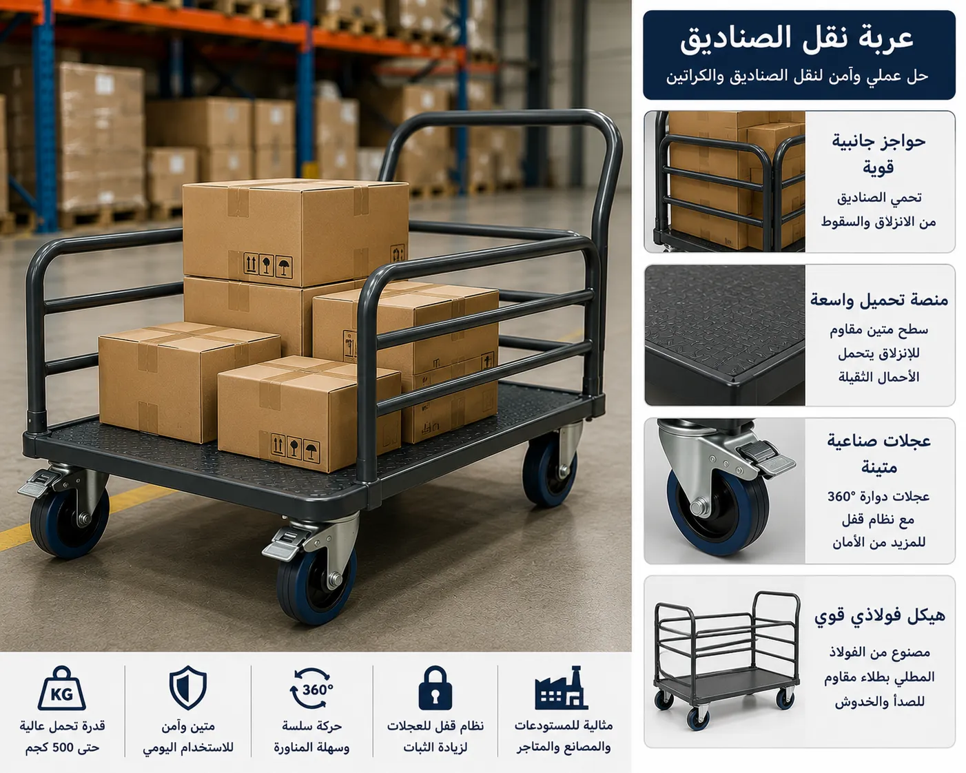 عربة فولاذية لنقل الصناديق والكراتين داخل المستودعات